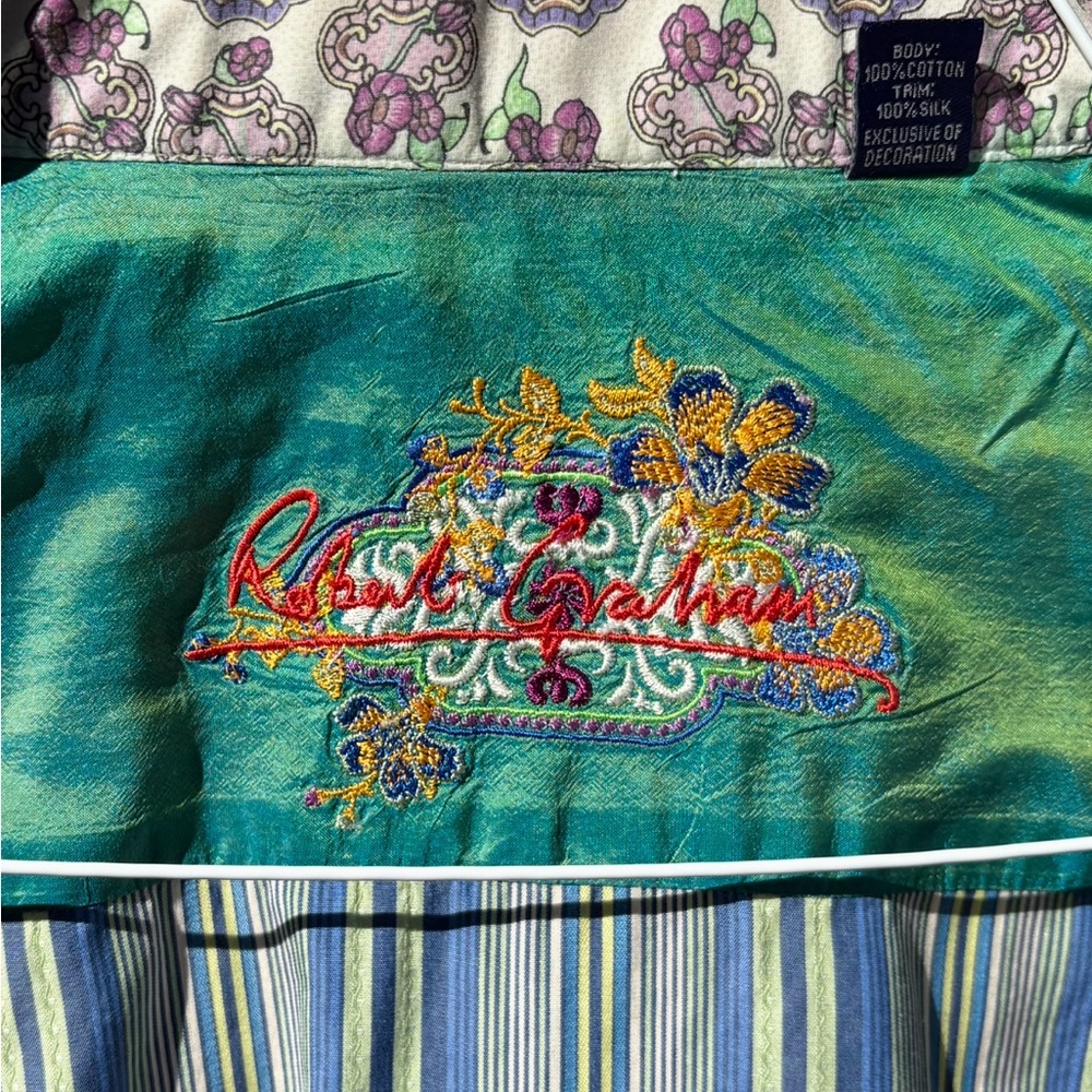 Robert Graham Blue & Green Striped Button Down Shirt Flip Cuffs w/Floral Design - Picture 4 of 12